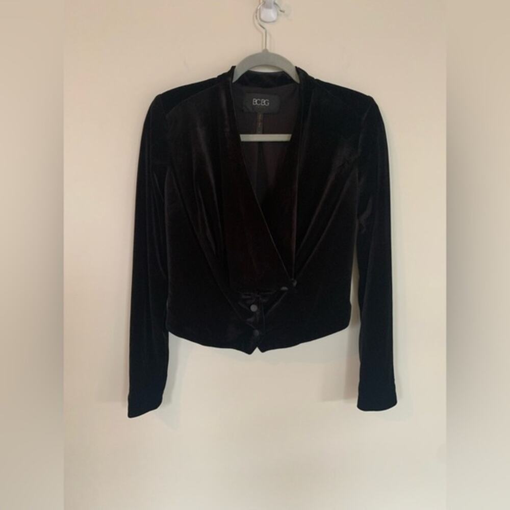 BCBG Paris Velvet Bolero Jacket Women Size 0 Black Excellent Cropped Goth Drape